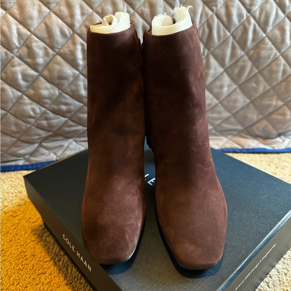 Cole Haan Madeira Brown Suede Ankle Boots with Block Heel (Gemma Dress Bootie) - Picture 3 of 5